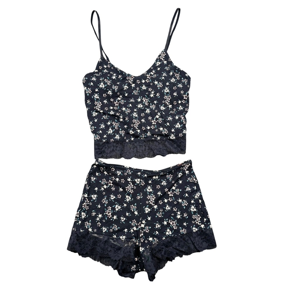 Dorina Nerida Navy Floral Pajama Set Cami Boyshorts Tencel Lace Trim Small WP875